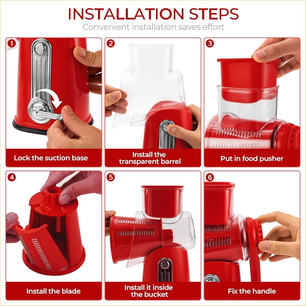 Rotary Cheese Grater w/Handle &5 Blades, Round Slicer & Vegetable Grater Red - Picture 5 of 8